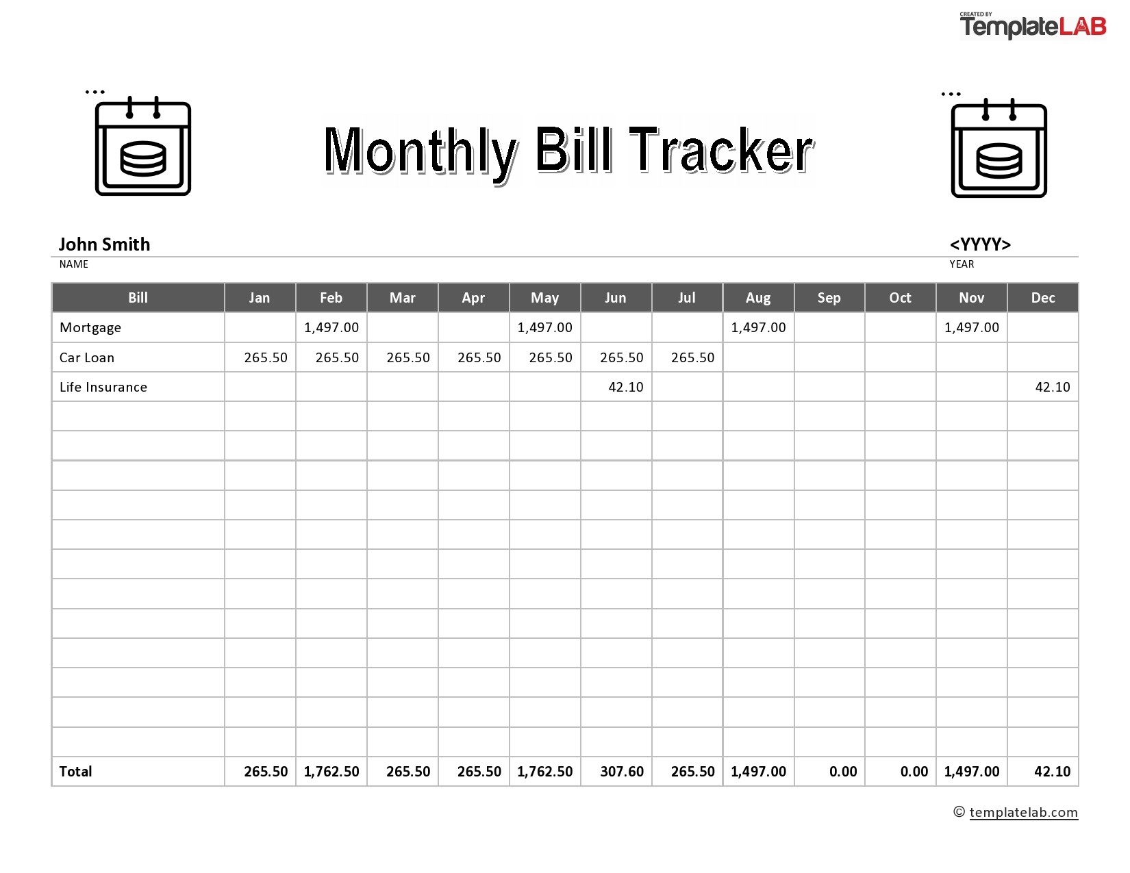 Bill Calendar Template Printable