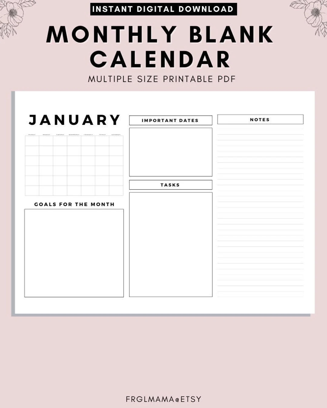 2021 Monthly Calendar Landscape Printable Calendar Year Calendar Minimalist Calendar Calendar Template Monday sunday Start A4 letter Etsy