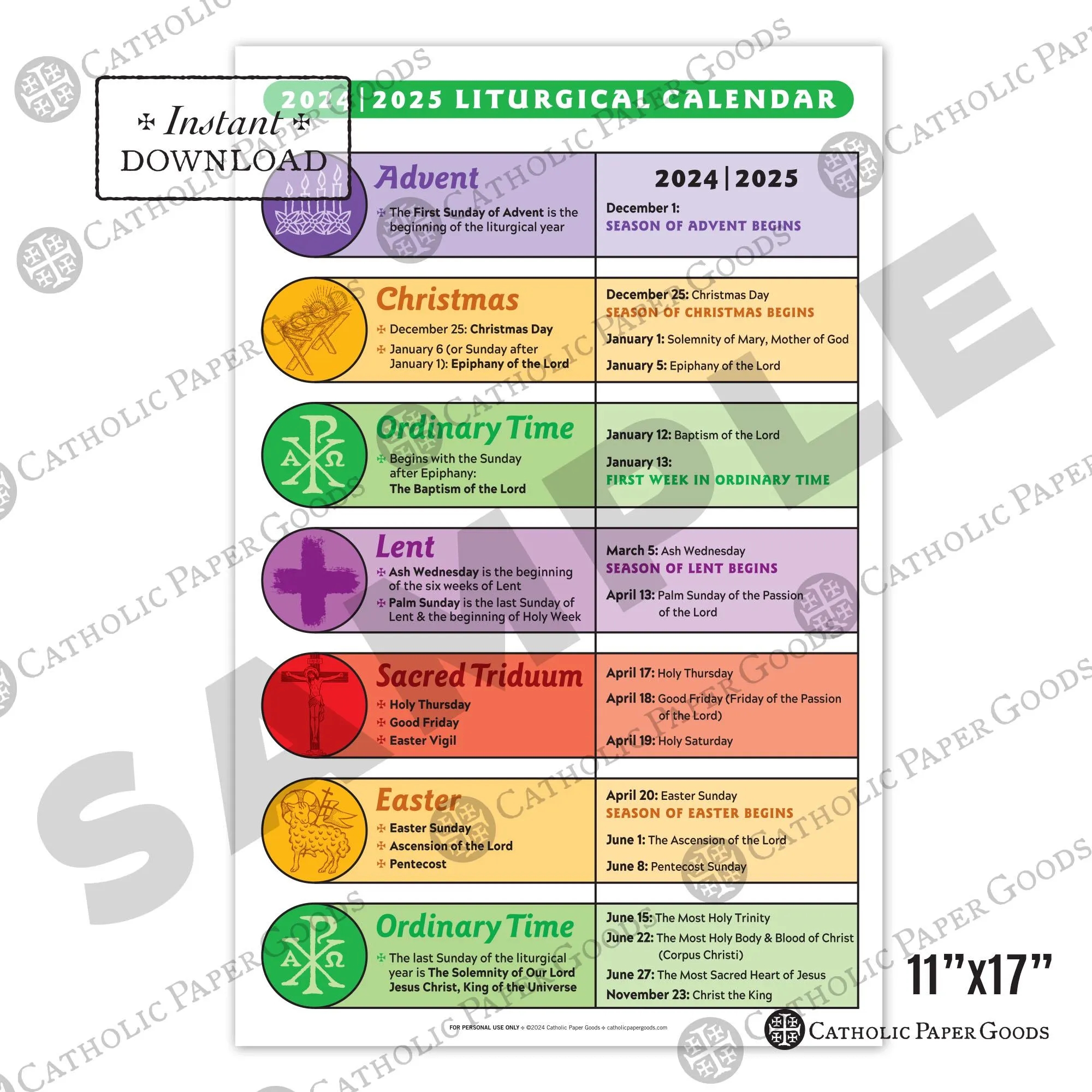 2024 25 Printable Catholic Liturgical Calendar Poster 11x17 Color Poster Catholic Education Classroom Decor Lent Advent Ordinary Time