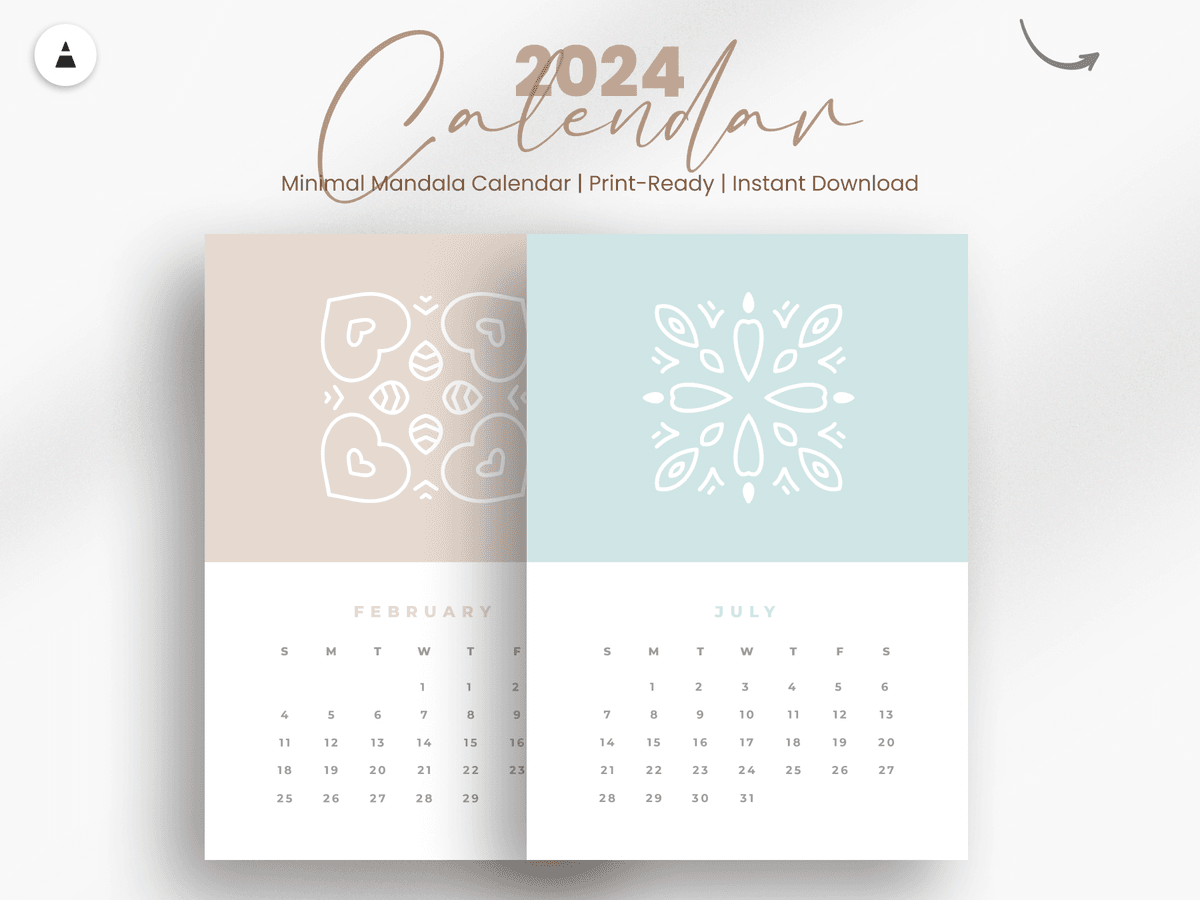 2024 calendar printable minimal mandala design pastel colors digital calendar template printable cute mini desk calendar