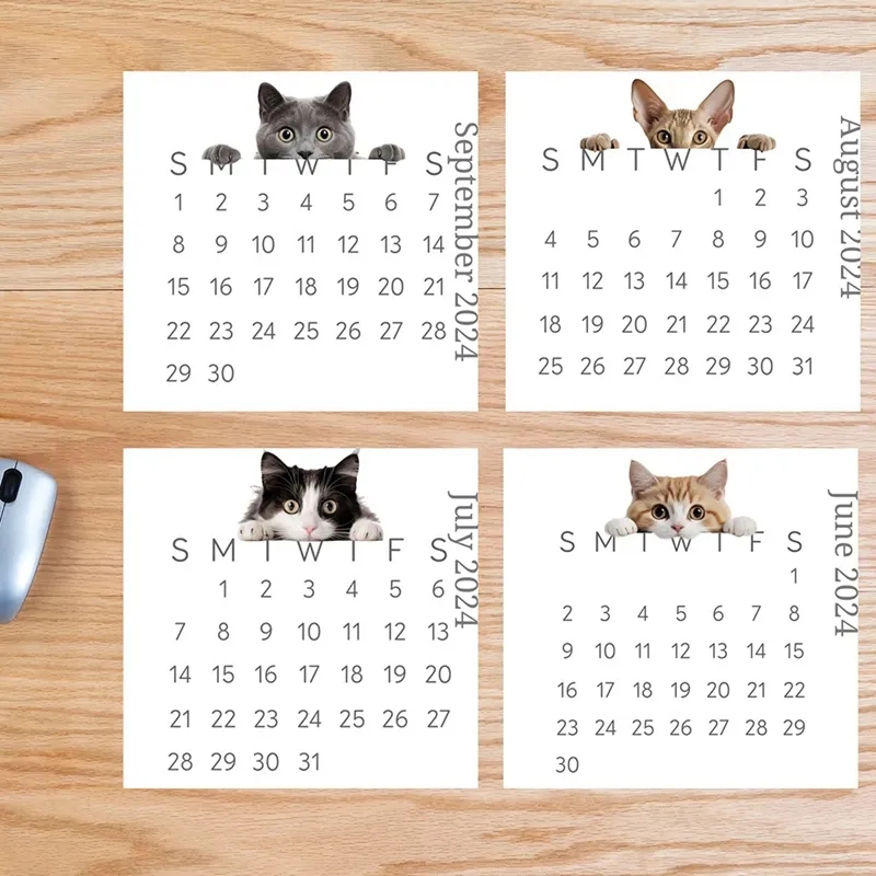 2024 peeking cat mini desktop calendar with wood stand perfect for desktop or tabletop use