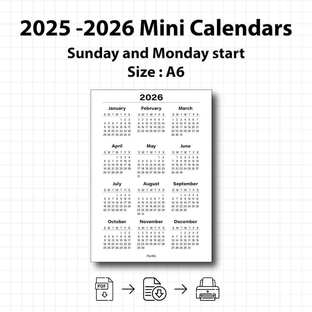 2025 2026 A6 Yearly Calendar 2025 2026 Printable PDF Desk Calendar Etsy