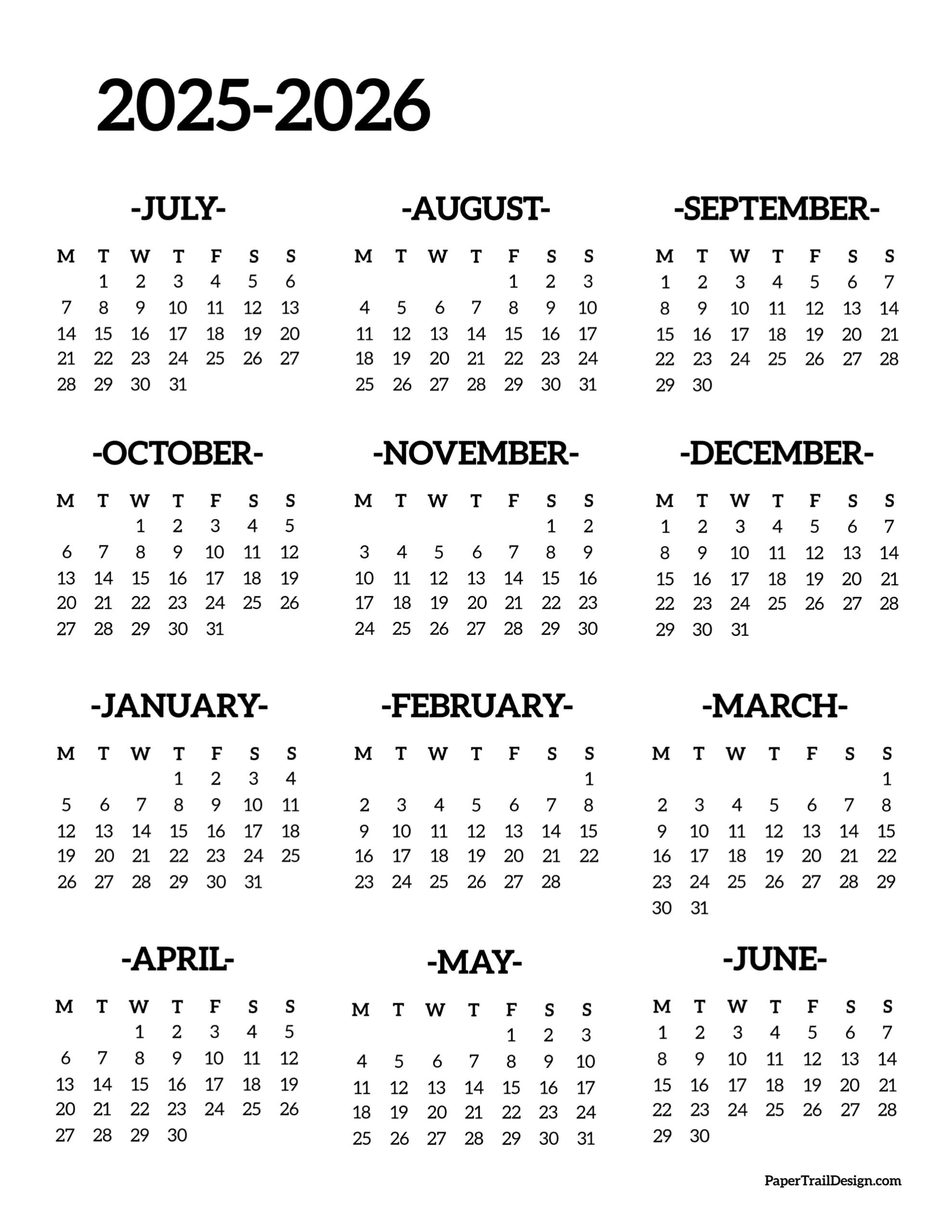 2025 2026 school year calendar free printable paper trail design