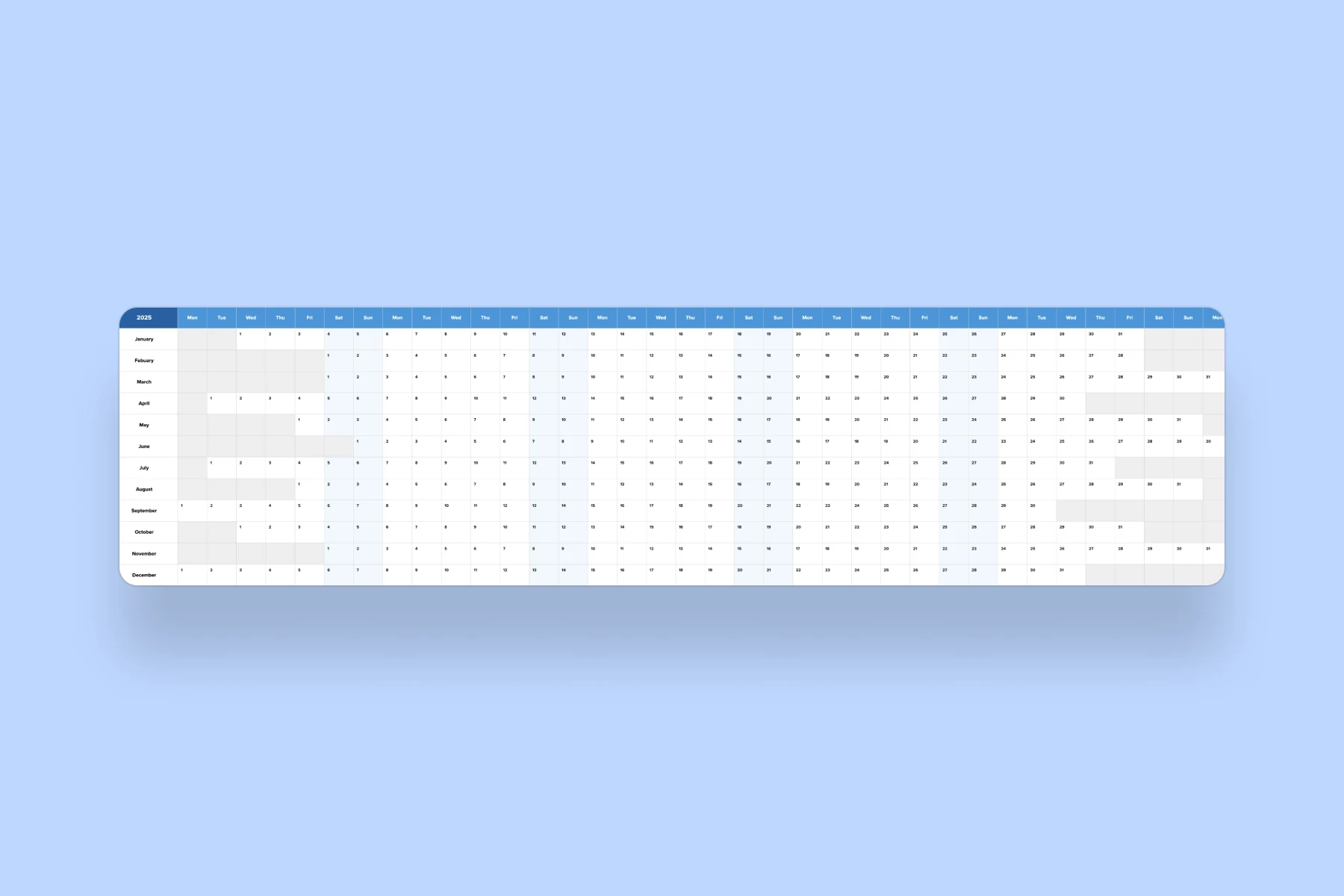 2025 Annual Calendar Row Template Mural