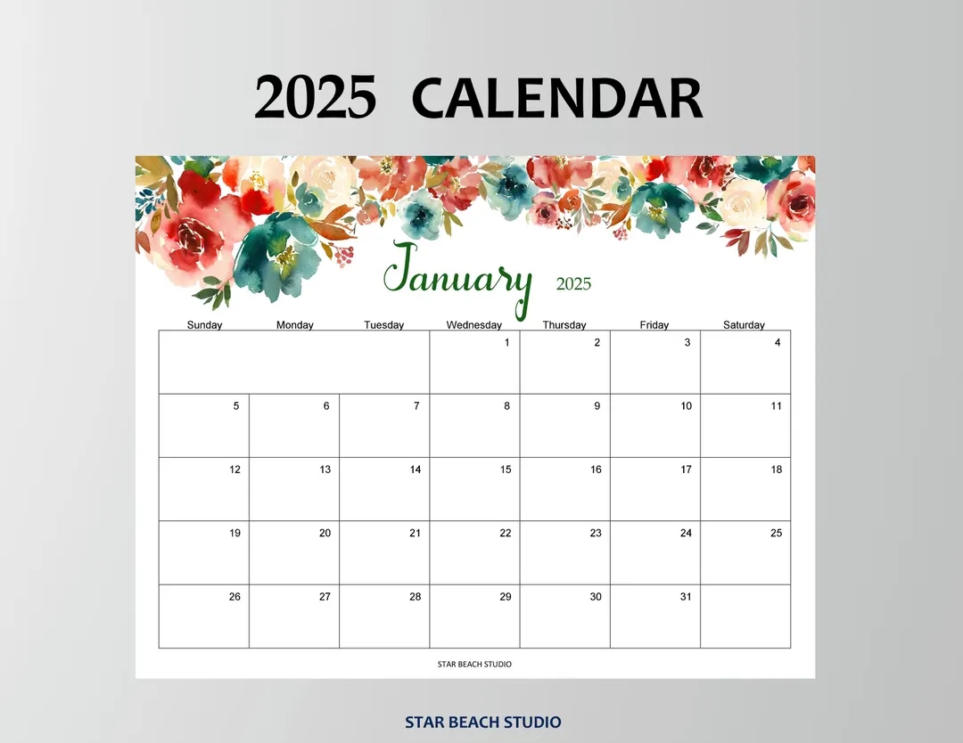 2025 Calendar Printable Floral 2025 Monthly Planner Wall Or Desk Month At A Glance Letter A4 Size Sunday Start Landscape Digital PDF Etsy