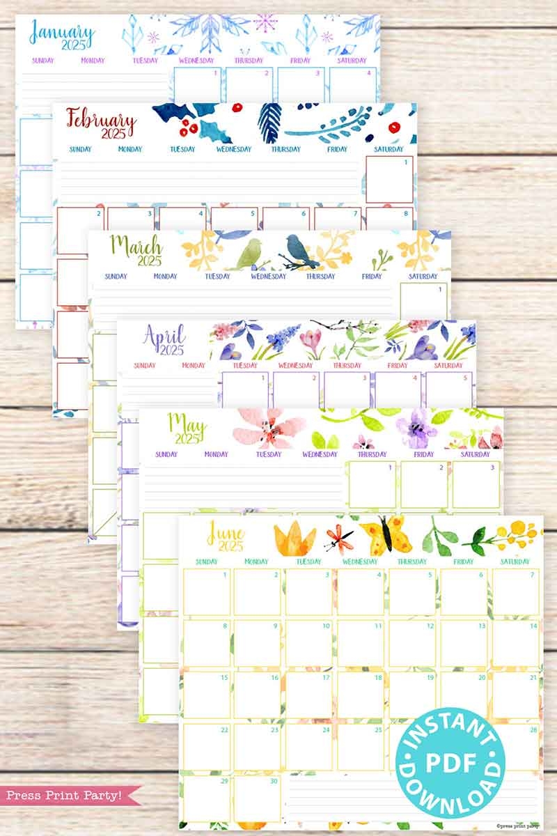 2025 Calendar Printable Set For Bullet Journals Or Binders Watercolor for Bullet Journals Or Binders 