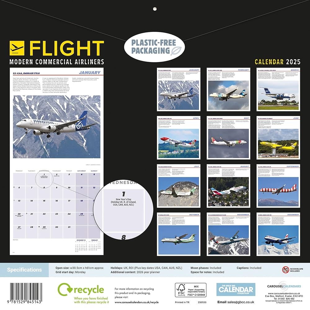 2025 Flight Modern Commercial Airliners Wall Calendar Plastic Free Packaging Calendars Carousel 9781529845143 Amazon Books