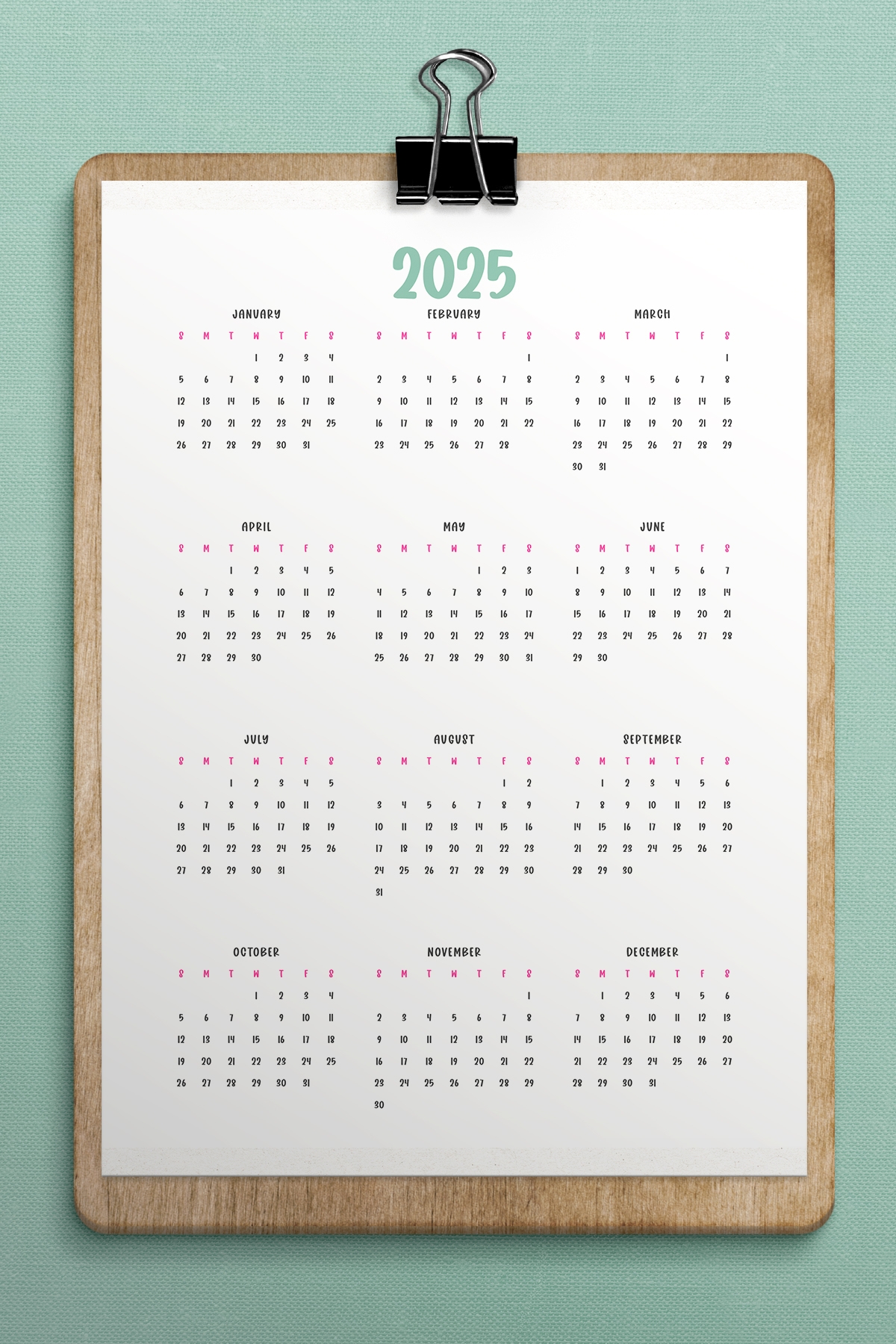2025 free printable year at a glance calendar example Mom Envy
