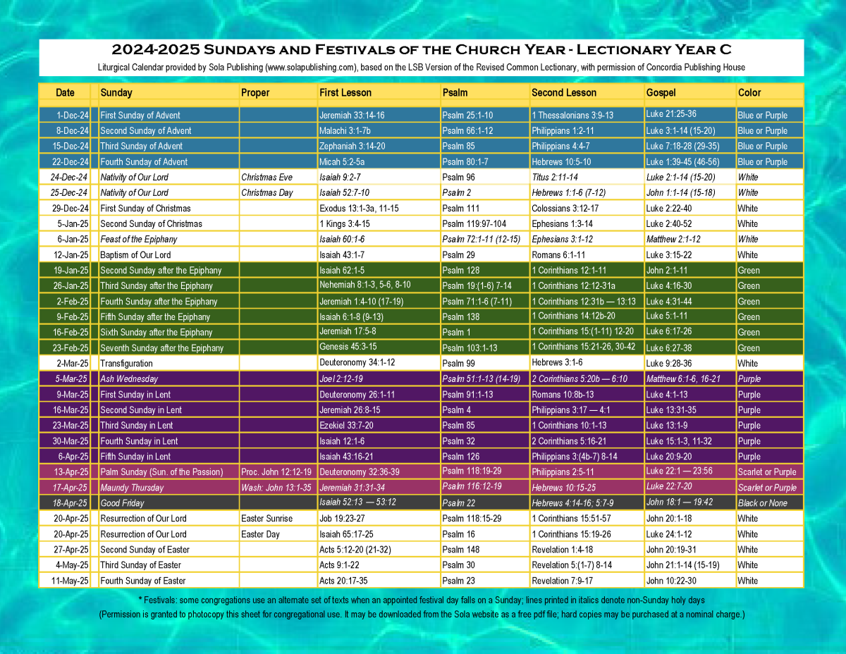 2025 Liturgical Calendar Year C K 2025 Sola Publishing 2025 Liturgical Calendar Year C K 2025 Sola Publishing