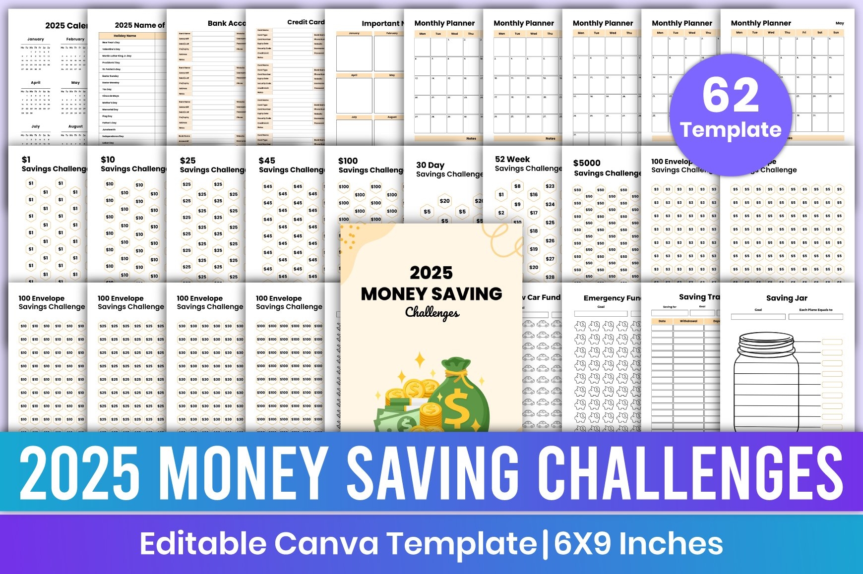 2025 Money Saving Challenges Bundle Canva Template
