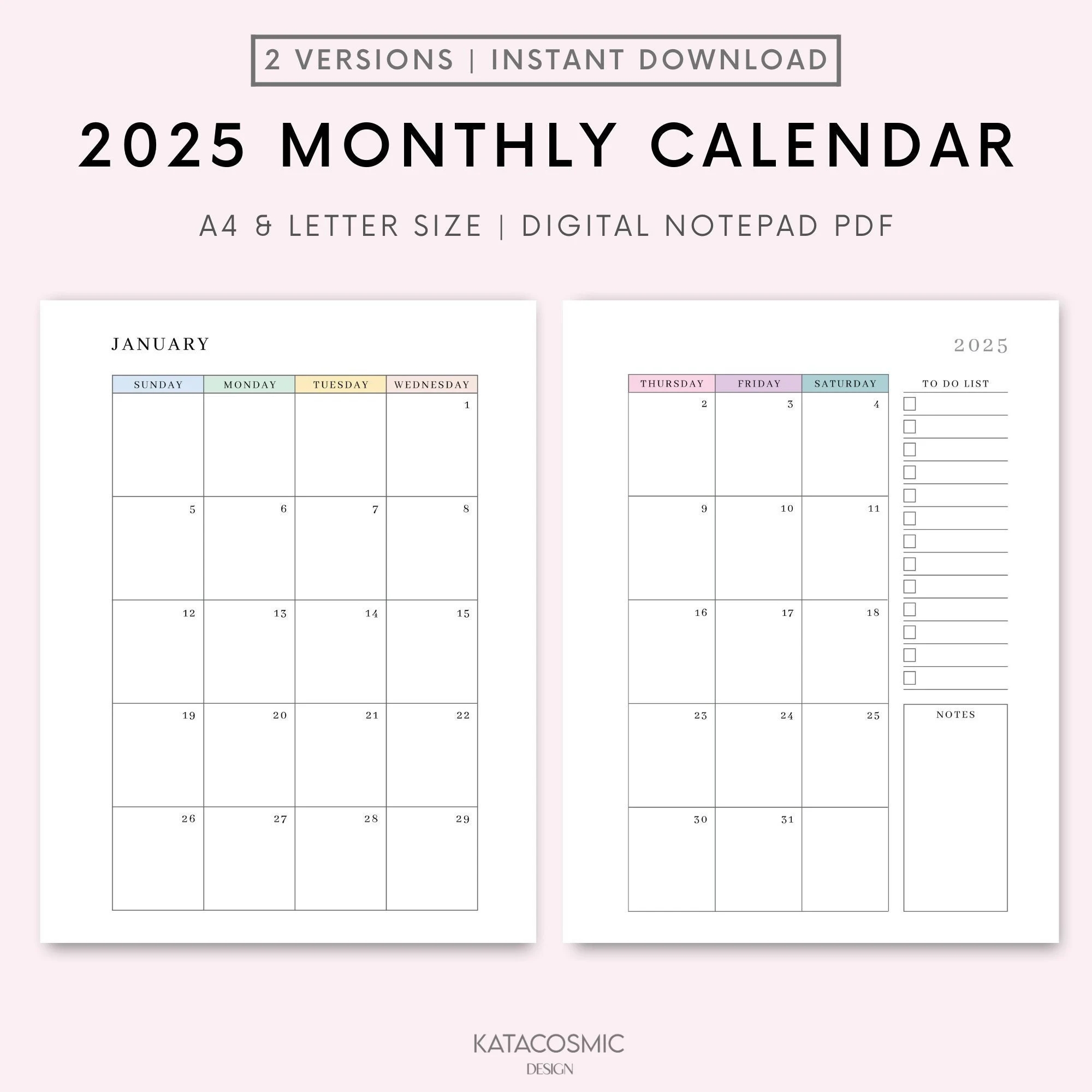 2025 Monthly Calendar Printable Two Page Per Month Planner 2025 Calendar Month At A Glance Desk Calendar Sunday And Monday Start Etsy