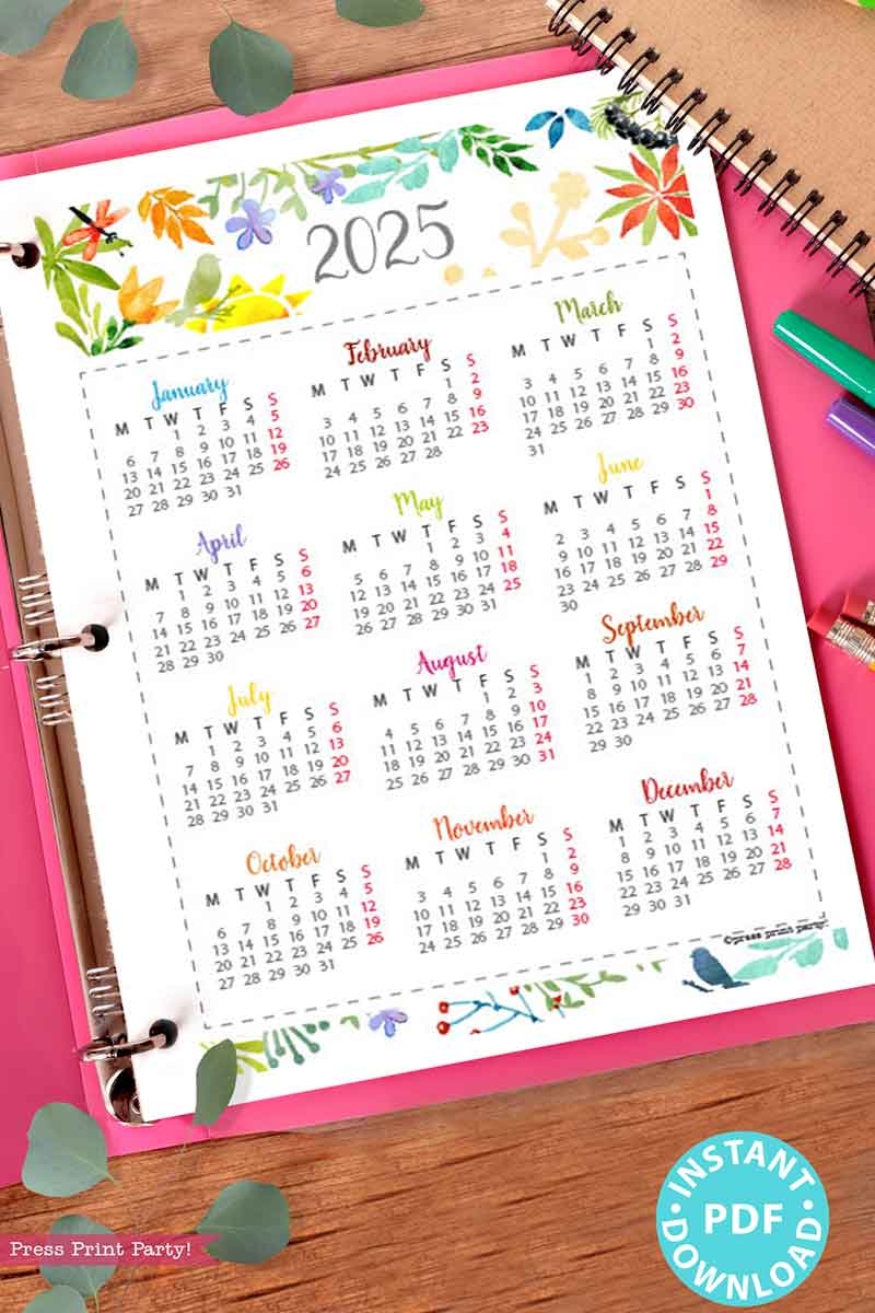 2025 One Page Calendar At a glance Printable Watercolor