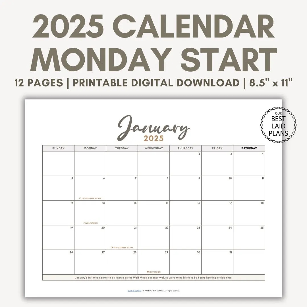 2025 Printable Calendar PDF Monday Start Calendar For 2025 Digital Download Simple Calendar For 2025 Monday Start Etsy