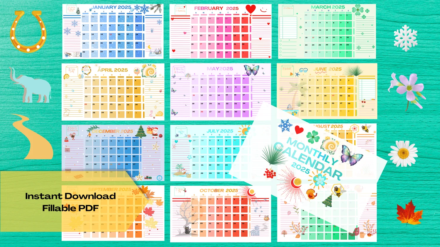 2025 Printable Gradient Calendar Editable PDF Printable Calendars Home School Work Calendar Payhip