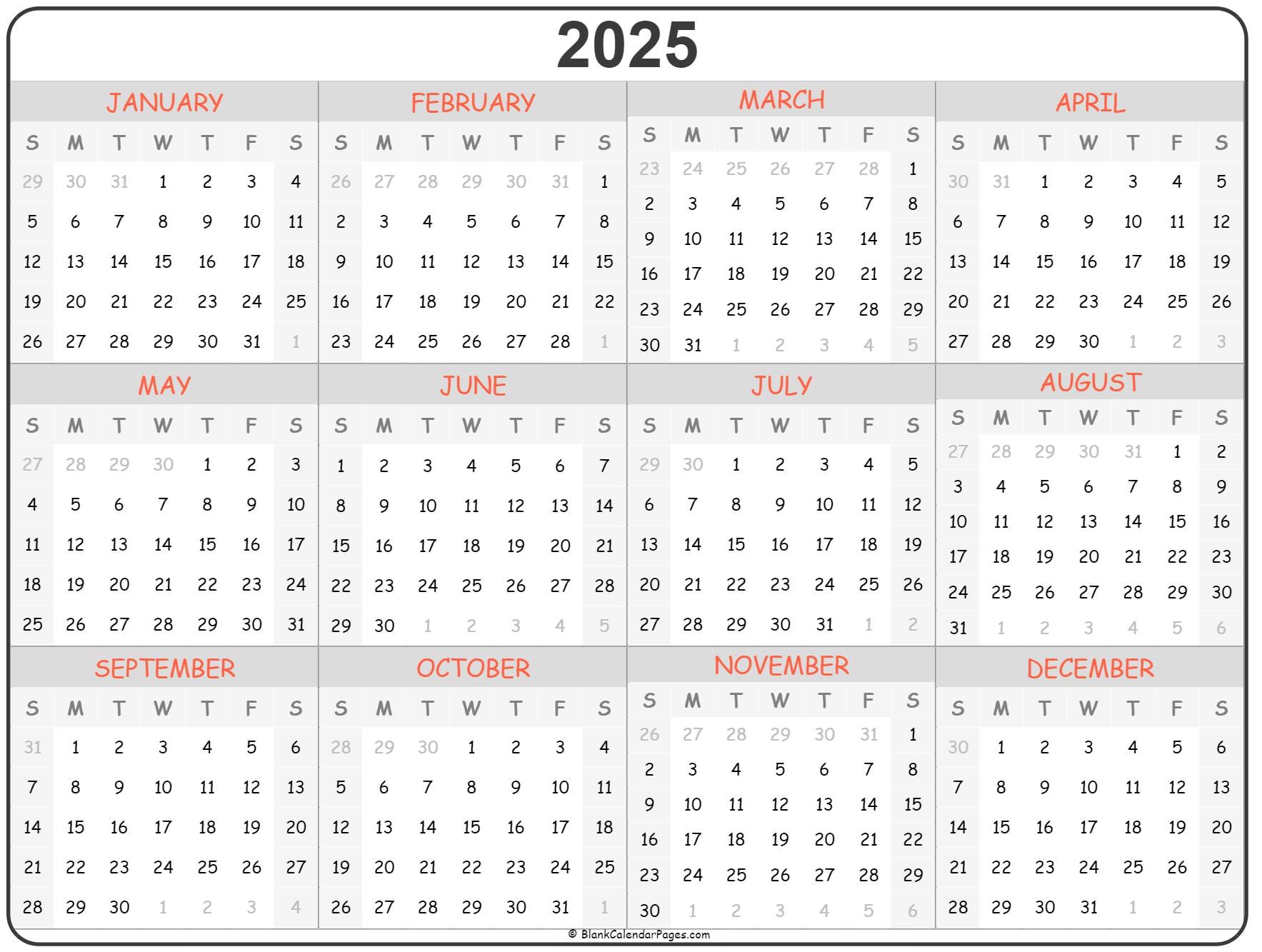 Printable 2025 Year Calendar One Page