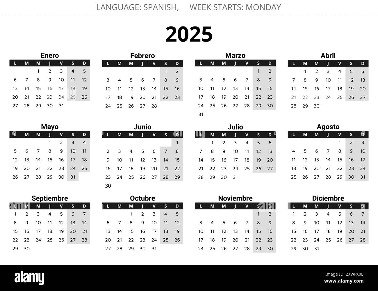 2025 Year Horizontal Spanish Calendar Printable Vector Grey And Black Illustration For Spain Stock Vector Image Art Alamy