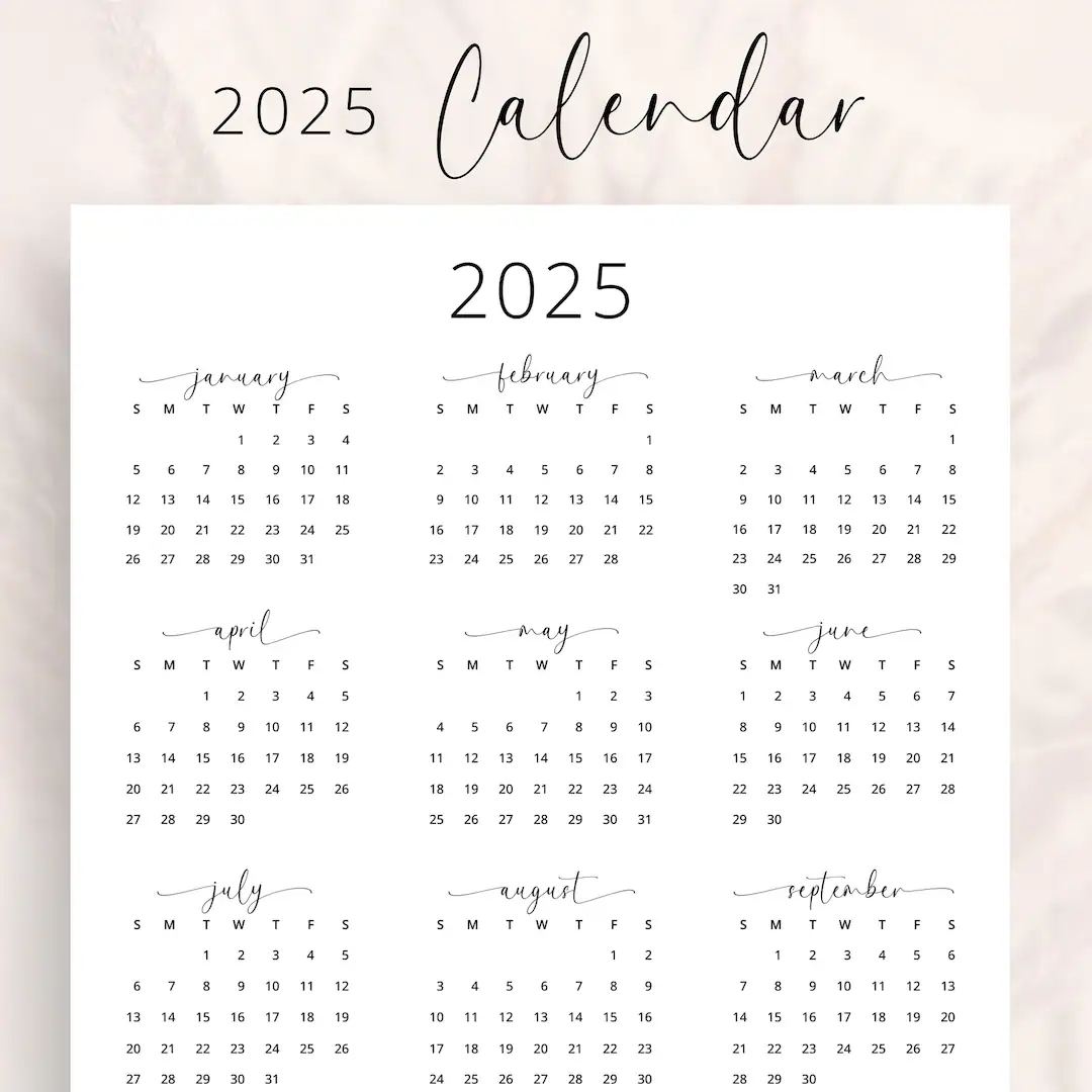 2025 Yearly Calendar 2025 Annual Calendar Printable 2025 Calendar Vertical 2025 Wall Calendar A3 A4 Letter Size Desk Calendar 2025 Print PDF Etsy