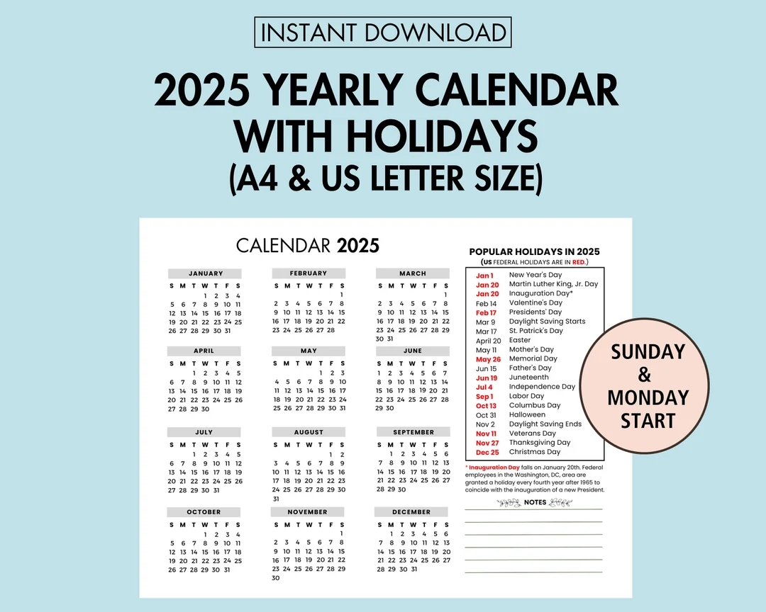 2025 Yearly Calendar With Holiday 2025 Yearly Overview 2025 Year At A Glance Printable 2025 Holiday Calendar Printable Sunday Monday Start Etsy