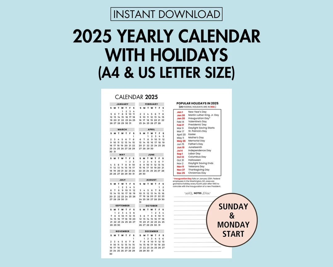 2025 Yearly Calendar With Holidays 2025 Yearly Overview Printable 2025 Year At A Glance 2025 Holiday Calendar PDF Sunday Monday Start Etsy UK