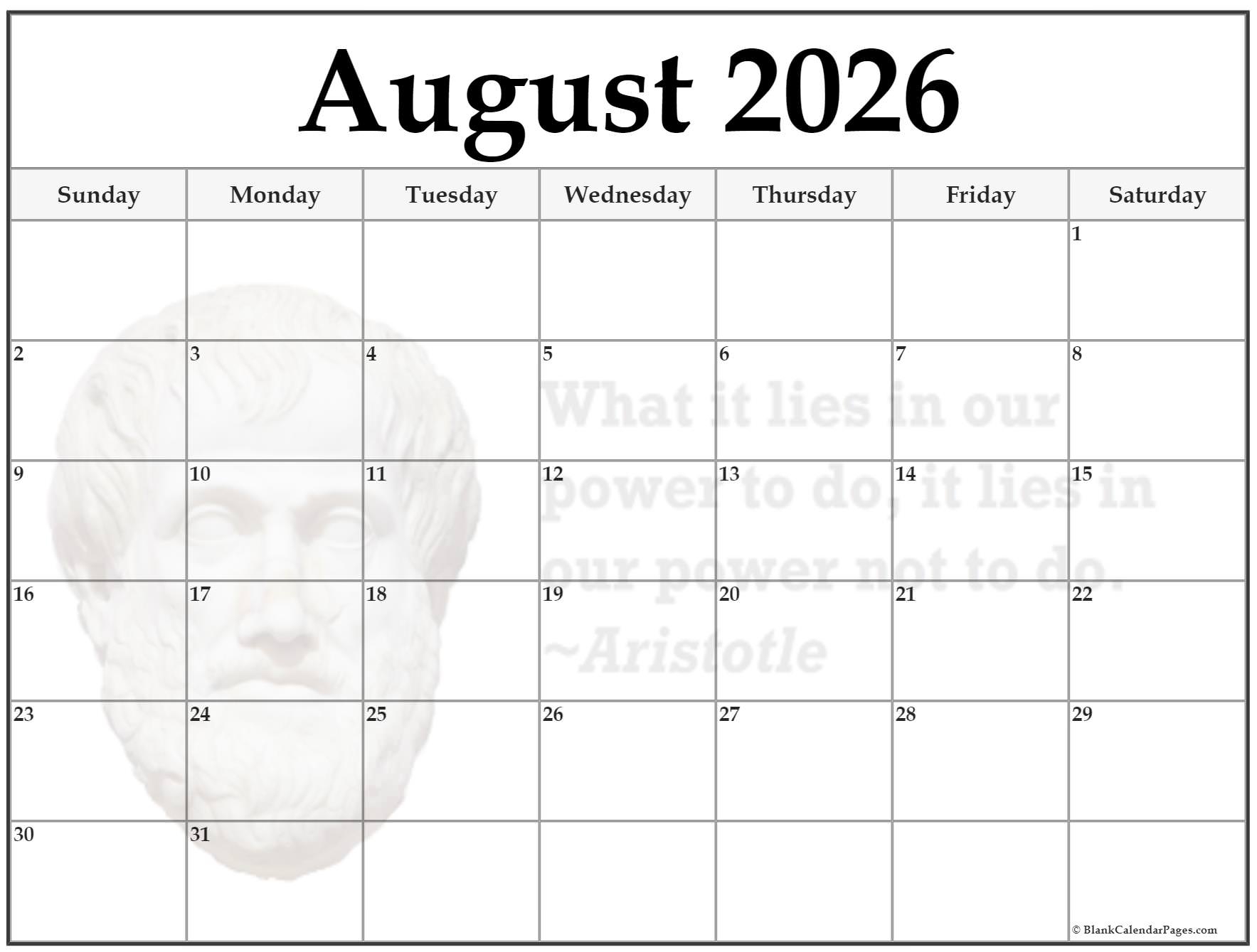 Pretty August 2026 Calendar Free Printable