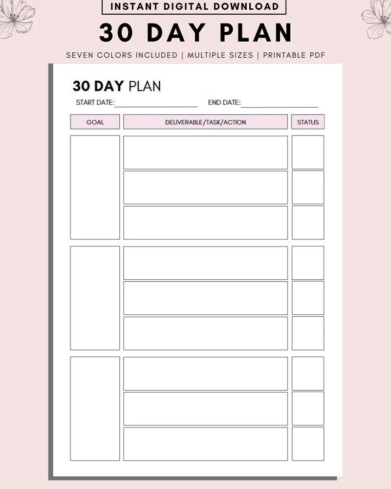 30 Day Plan Template 30 Day Printable Planner Countdown Calendar Fitness Journal Self Improvement Weight Loss Challenge Etsy