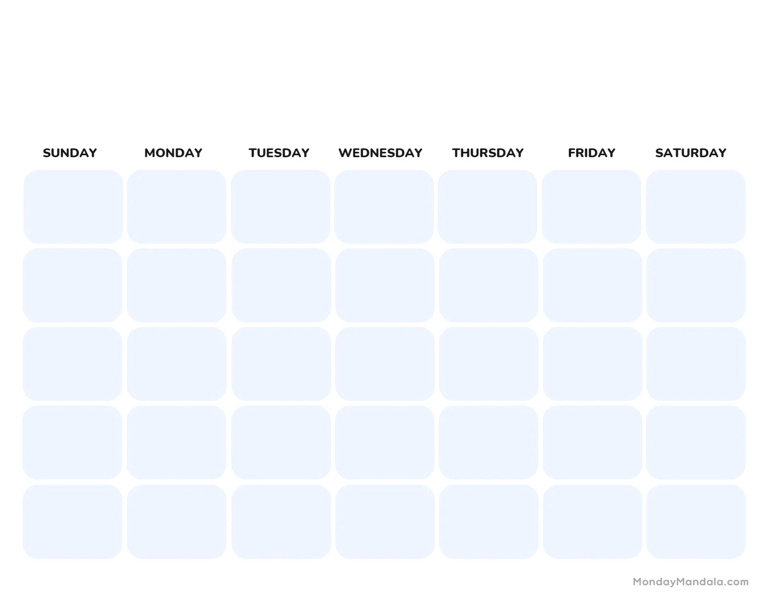 Printable 5 Day Monthly Calendar