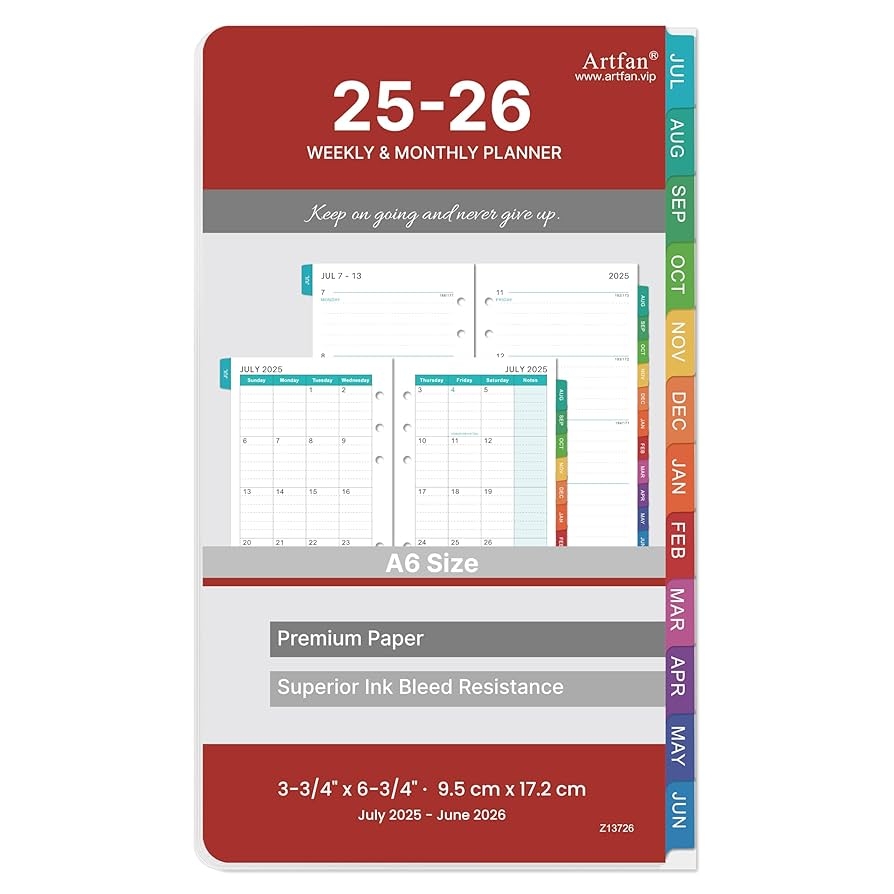 Amazon 2025 2026 Planner Refills Planner Refills 2025 2026 From July 2025 To June 2026 Weekly And Monthly Calendar 3 75 X 6 75 Inch 6 Holes A6 Size Red Office Products