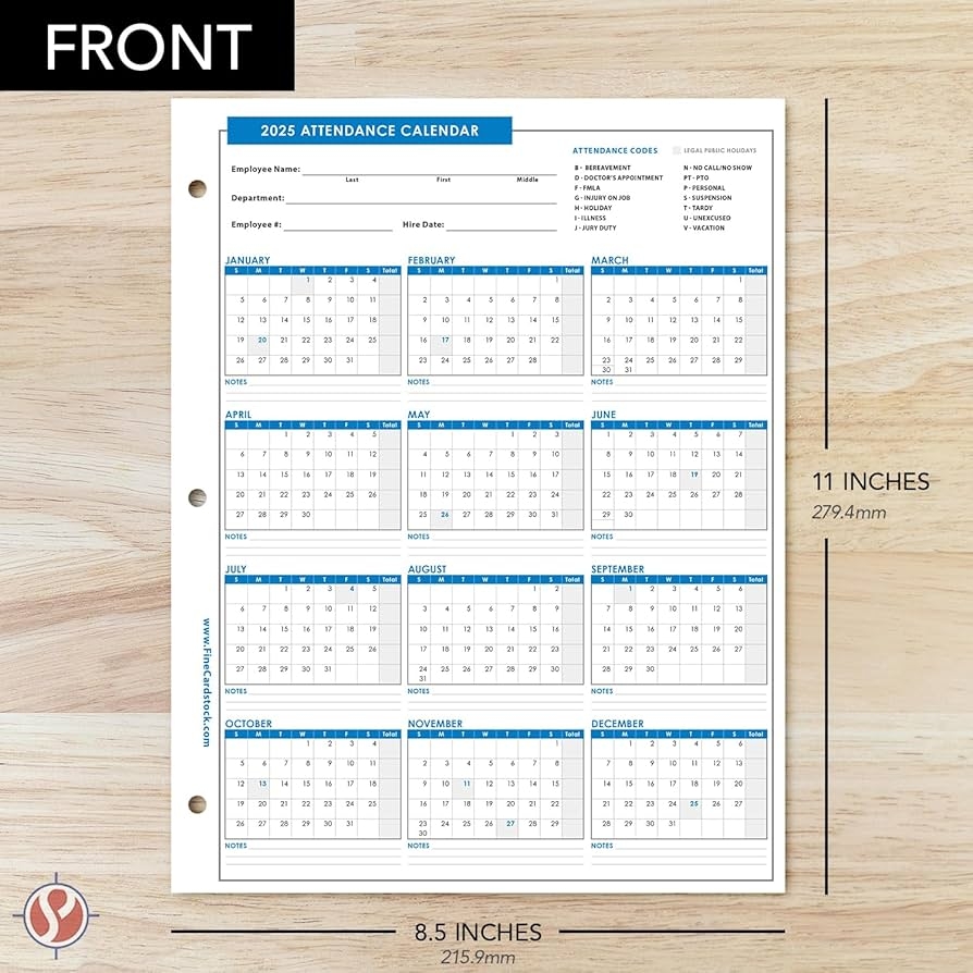 Amazon 2025 Attendance Calendar Card Stock Paper Great Employee Work Tracker Printed On Durable And Thick 80lb 216gsm Cardstock 8 X 11 25 Sheets Per Pack Office Products