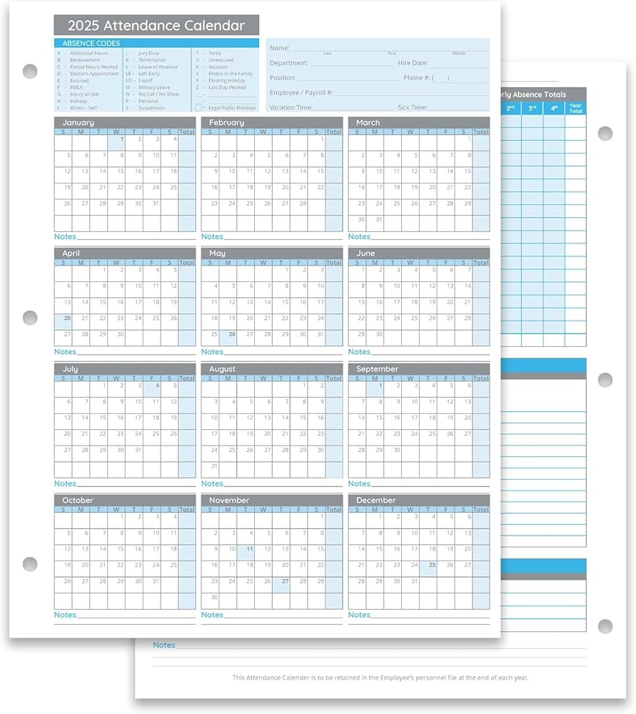 Amazon Blue Summit Supplies 50 Sheet Attendance Calendar Employee 2025 Attendance Sheets For 3 Hole Binder Convenient Tracker For Employee Attendance Record Time Off And Tardiness 50 Pack Office Products
