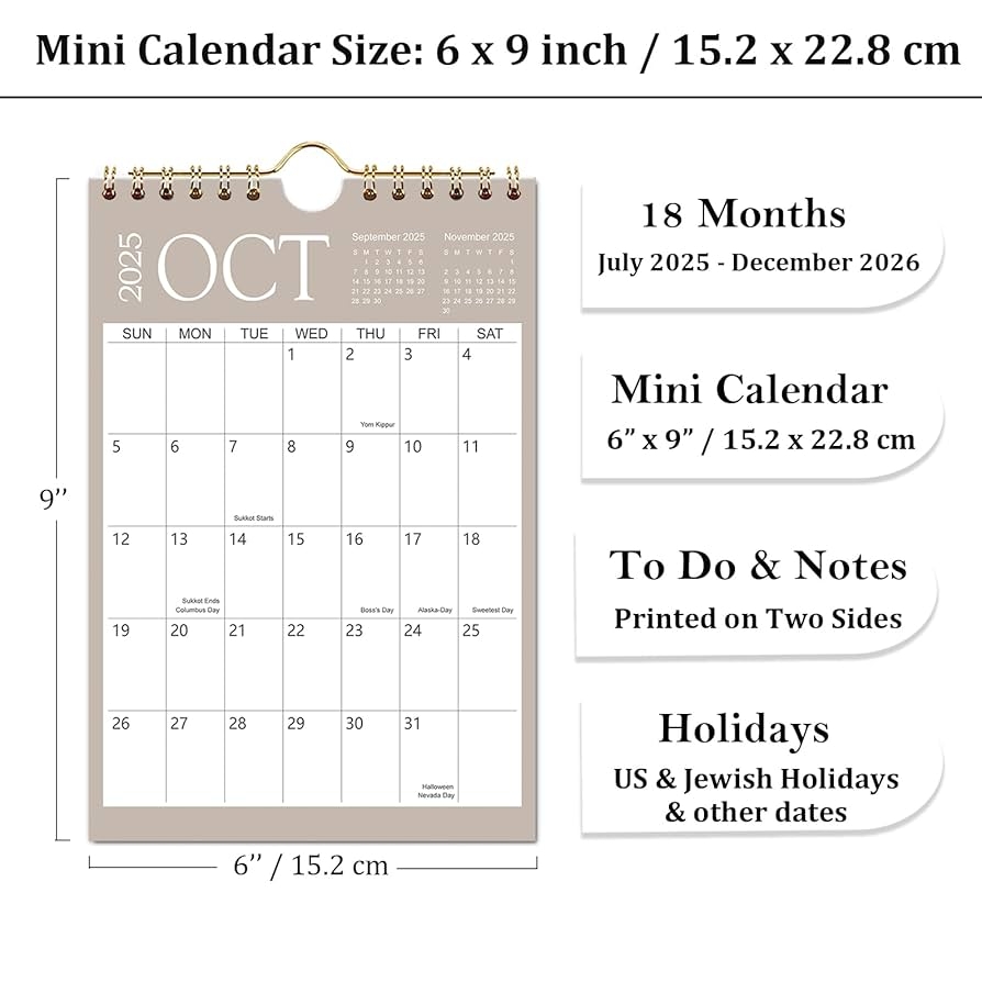 Amazon Mini Wall Calendar 2025 2026 6 x9 Mini Calendar 18 Month Small Calendar From July 2025 To December 2026 Little Notepad Calendar For Desk Kitchen RVs Bulletin Board Or Fridge Office Products