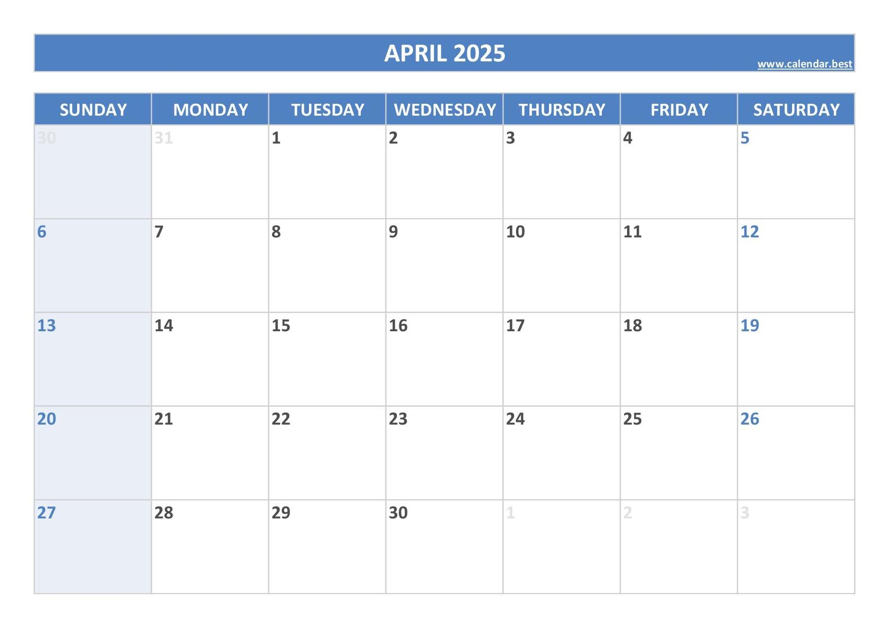 April Calendar Printable