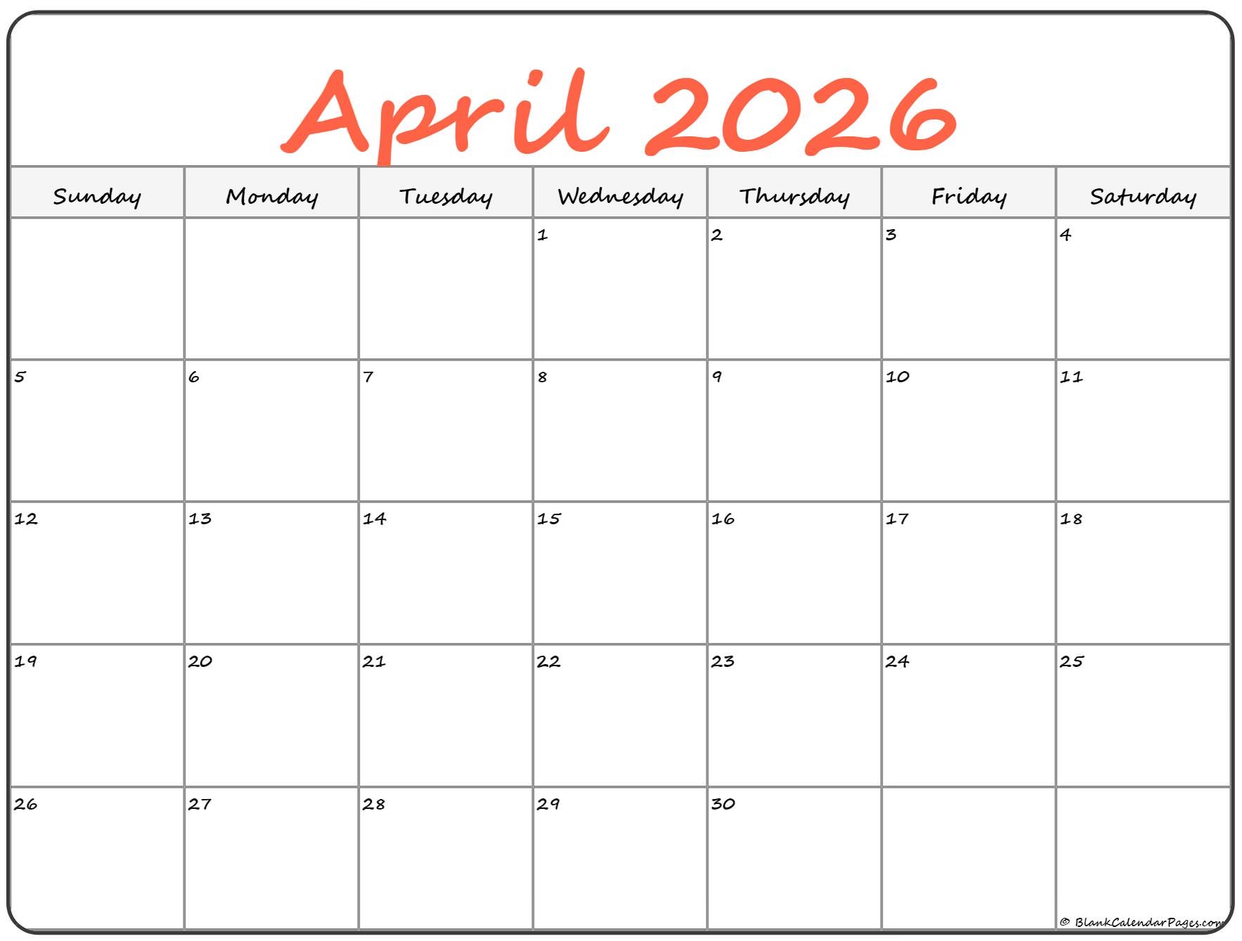 April 2026 Free Printable Calendar