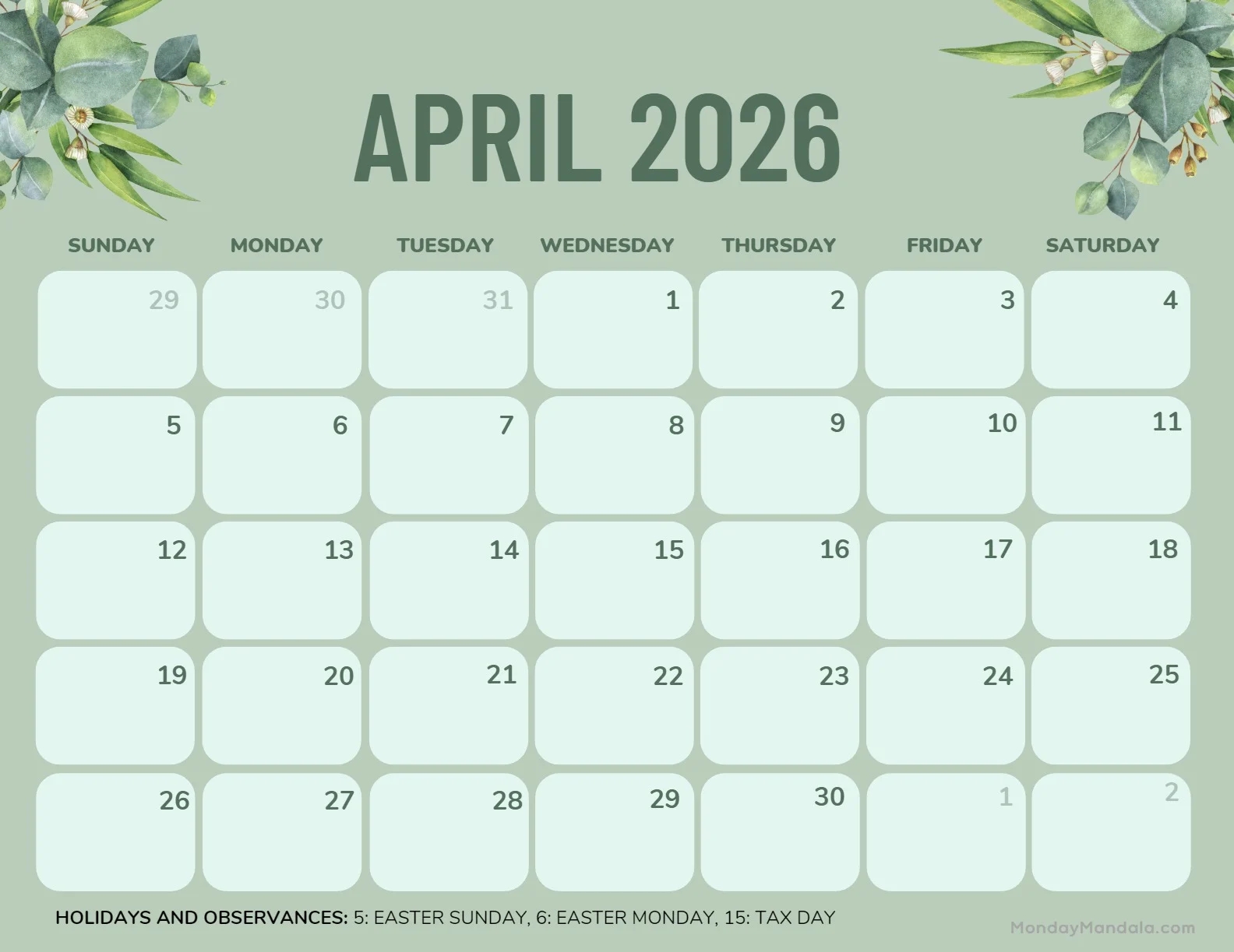 April 2026 Calendar Printable Pdf