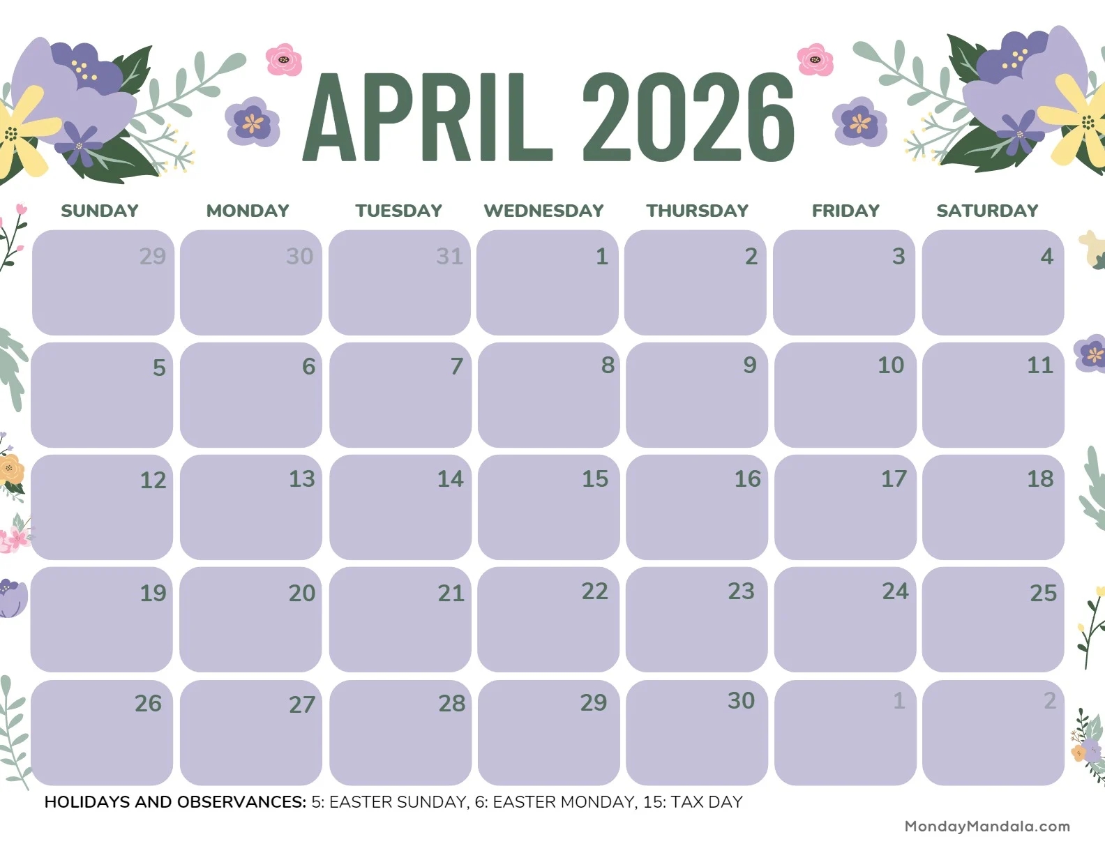 Free Printable Calendar April 2026
