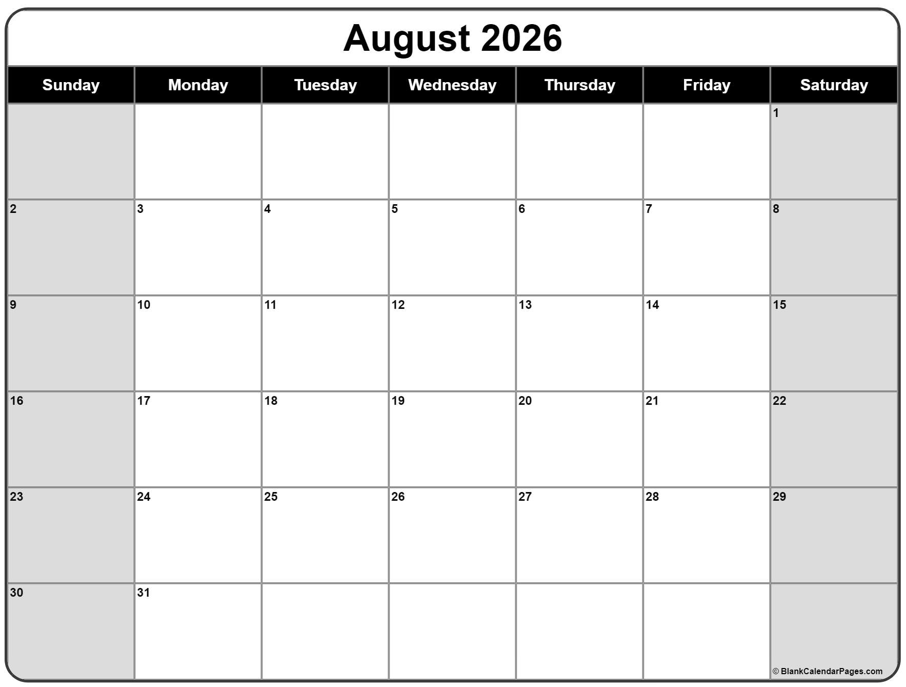 August 2026 Calendar Free Printable Calendars