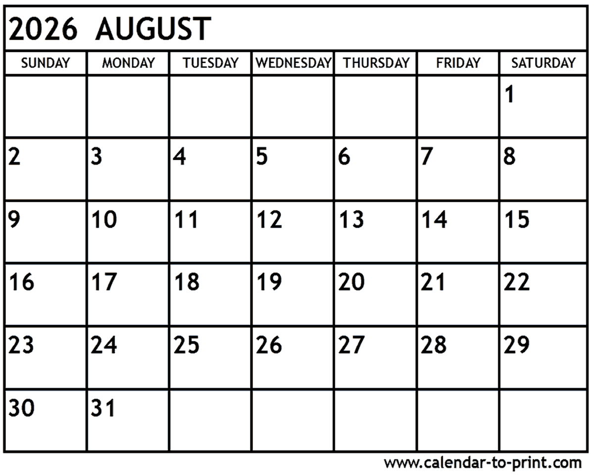Printable Editable Calendar August 2026
