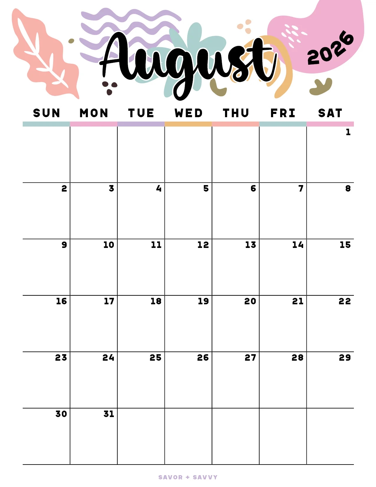 August 2026 Calendar Pdf Printable Free