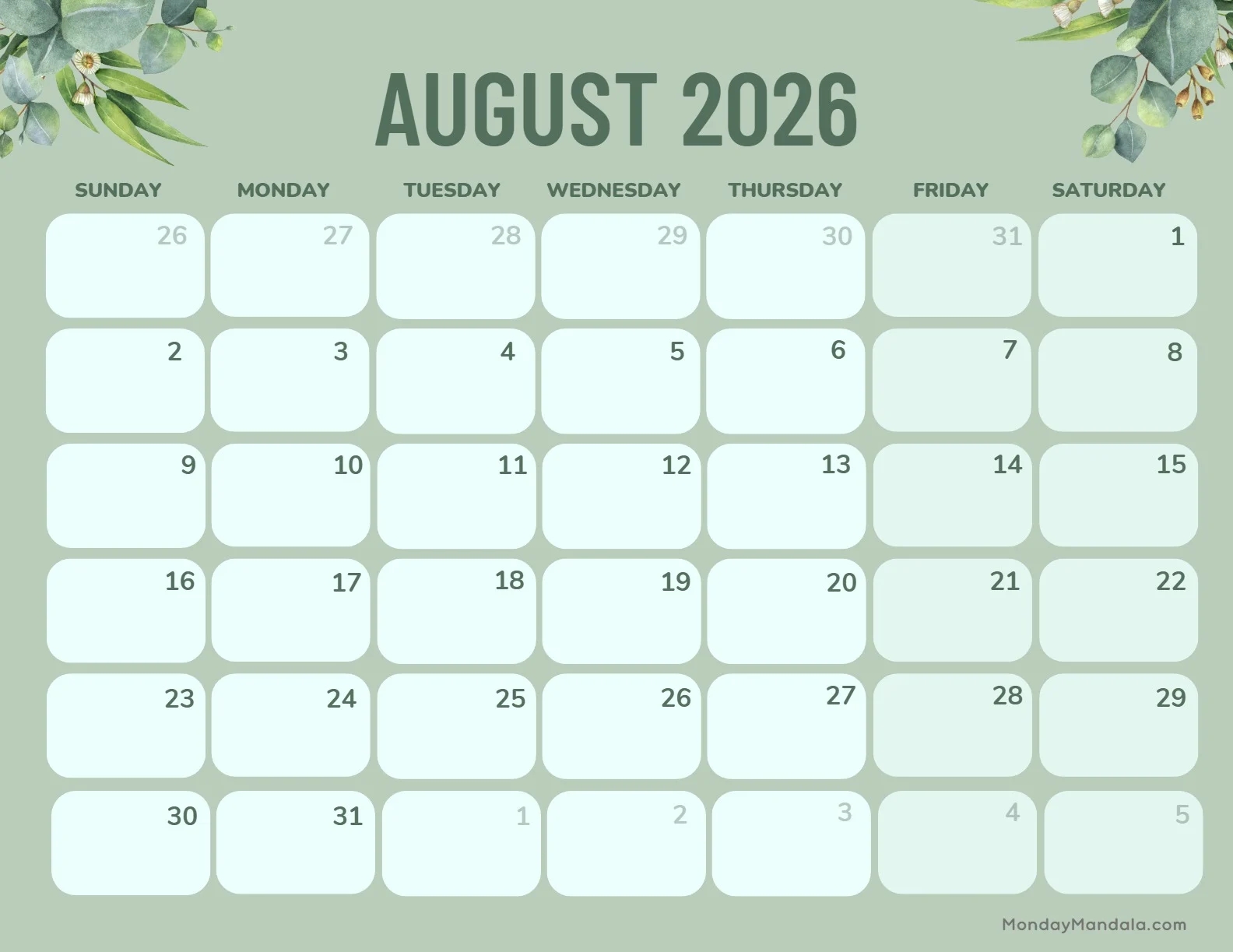 August Calendar 2026 Printable Baby