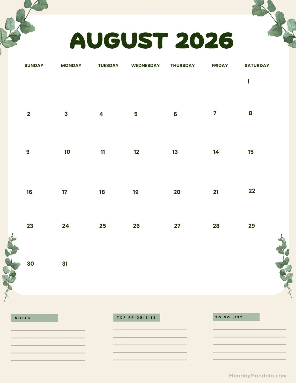 August 2026 Calendars 52 Free PDF Printables 