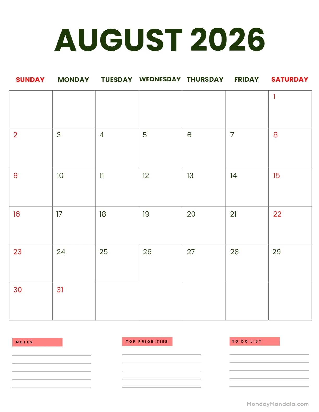 August 2026 Calendars 52 Free PDF Printables August 2026 Calendars 52 Free PDF Printables