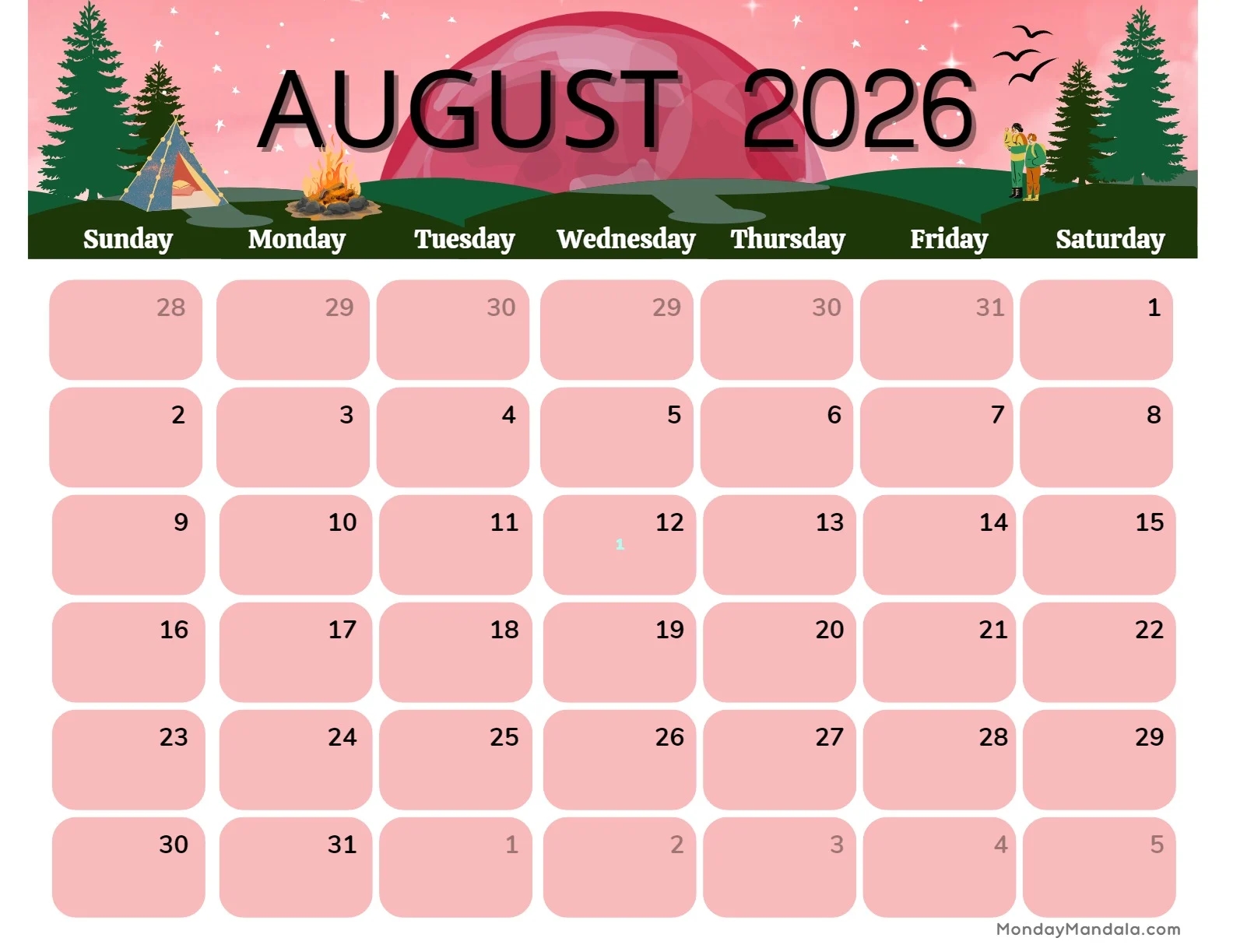 Large Printable Calendar August 2026