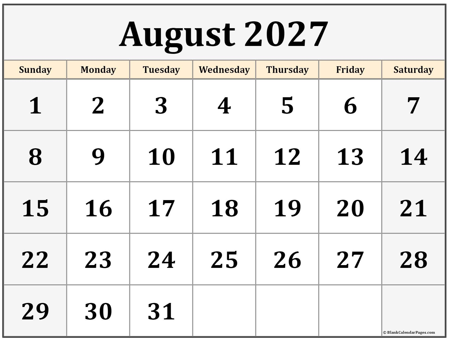 August 2027 Calendar Free Printable Calendars