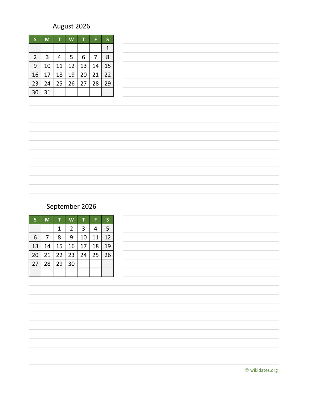 August And September 2026 Printable Calendar