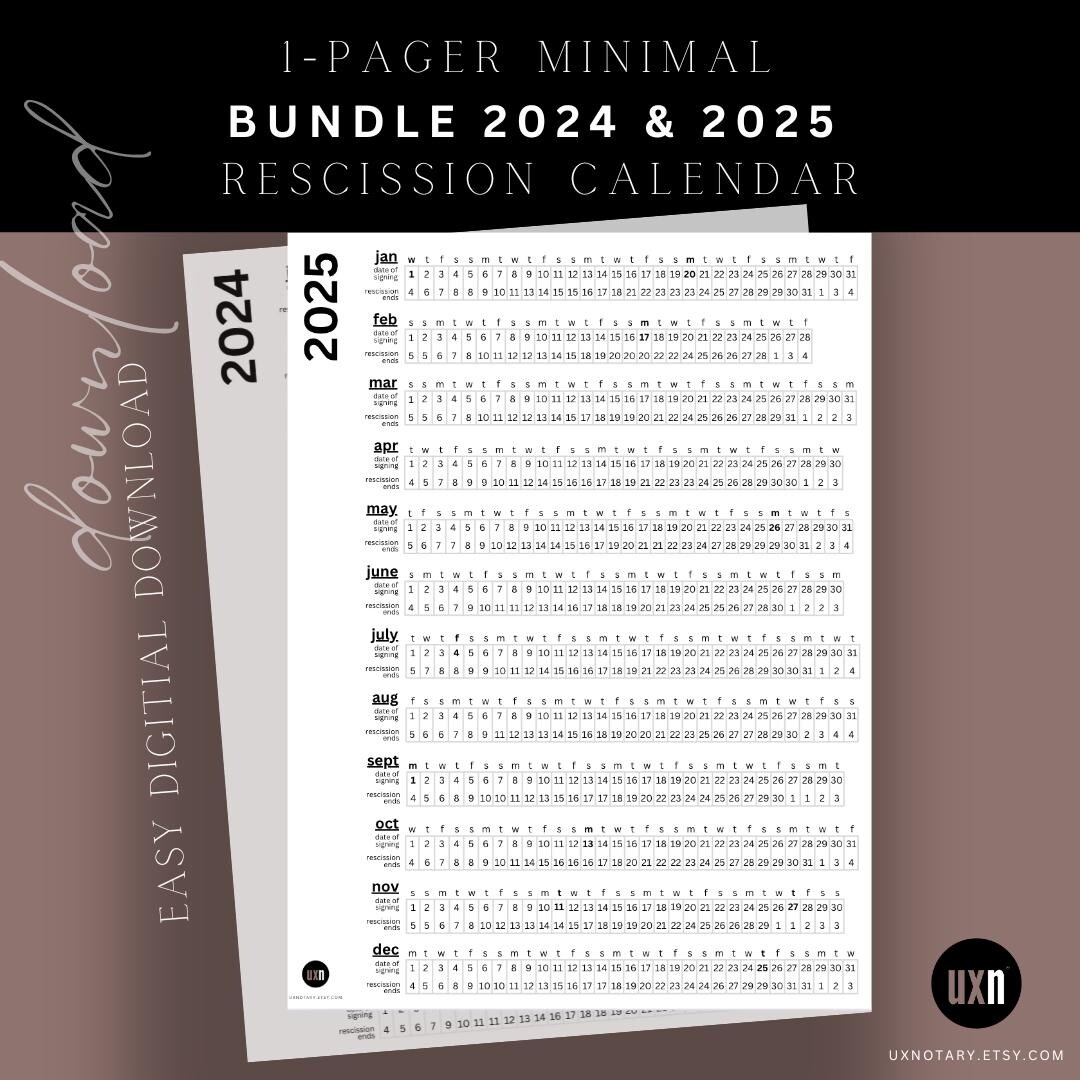 BUNDLE 2024 2025 Rescission Calendar Minimal Design Loan Signing Agent Notary Signing Agent Notary Public Rescission Closing Dates Etsy