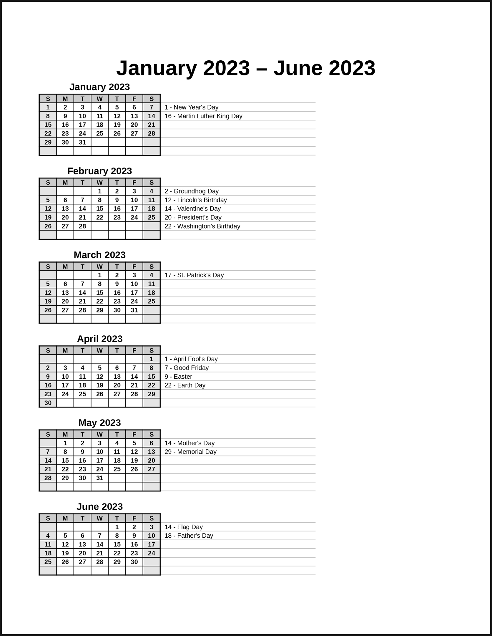 CalendarsThatWork Room For Notes