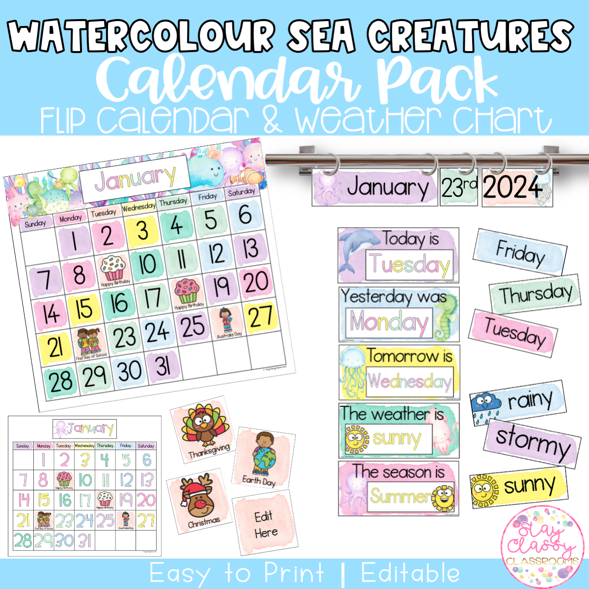 Classroom Calendar Weather Display Flip Calendar Editable WATERCOLOUR SEA CREATURES Stay Classy Classrooms
