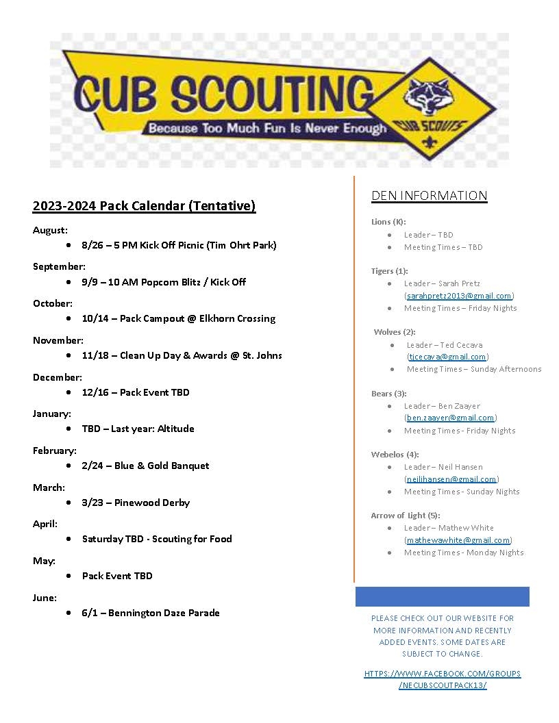 Cub Scouts 23 24 Pack Calendar Bennington Public Schools