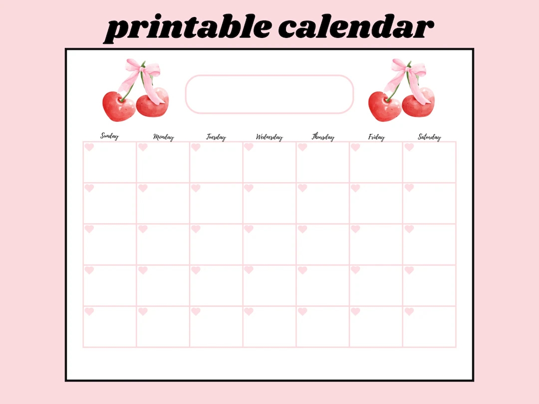 cute cherry coquette printable calendar red cherry bow printable calendar open printable monthly planner etsy