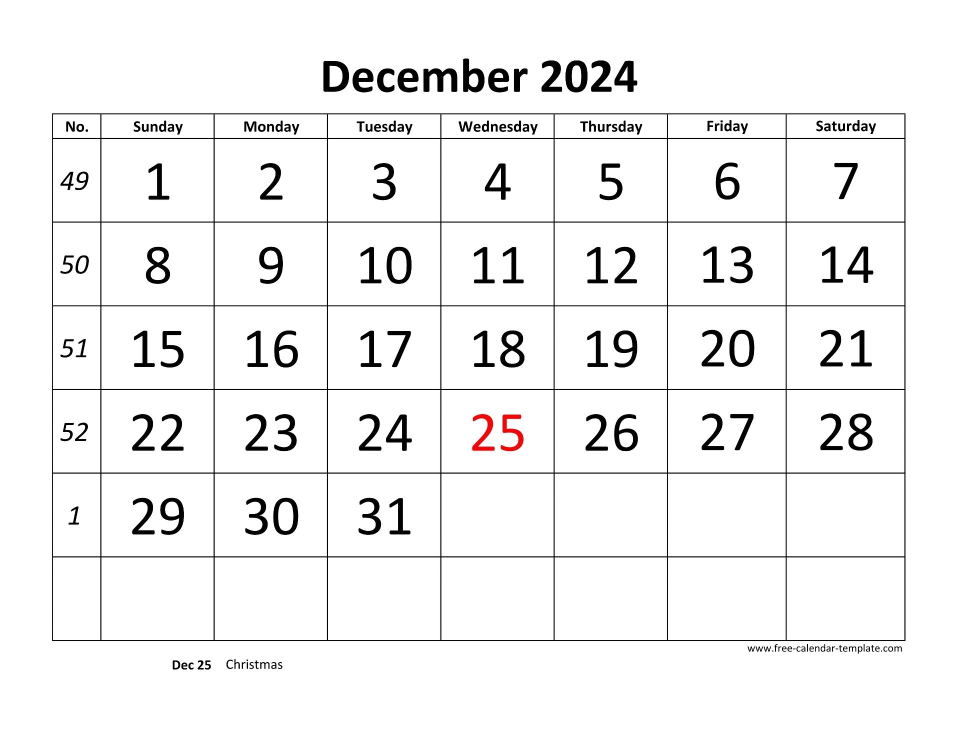 December 2024 Calendar Designed With Large Font horizontal Free calendar template