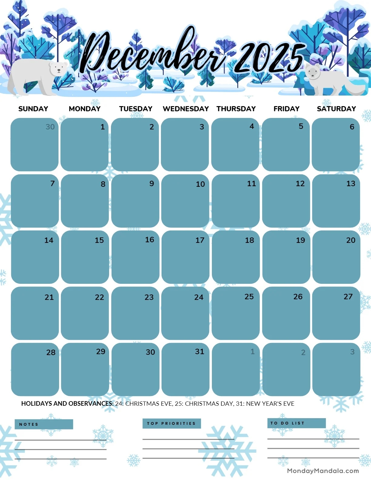 December 2025 Christmas Calendar Printable